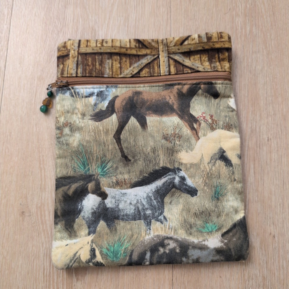 Handmade Wild Horse Print Fabric Zipper Pouch Equestrian Makeup Bag 7.5x9